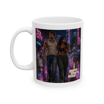Vic City Neon Night Ceramic Mug — Cyberpunk Rainy Street Coffee Cup (11oz & 15oz)